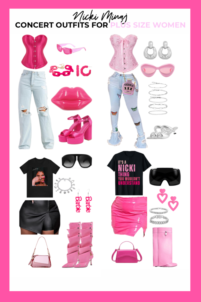 A picture of all the pink outfits we talked about above. Pink corset, light washed jeans, pink lip purse, pink sunglasses.