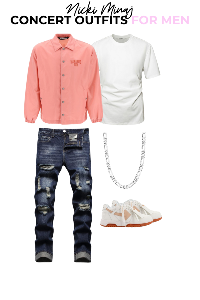 Salmon pink palms angel windbreaker, dark denim jeans , off white shoes.