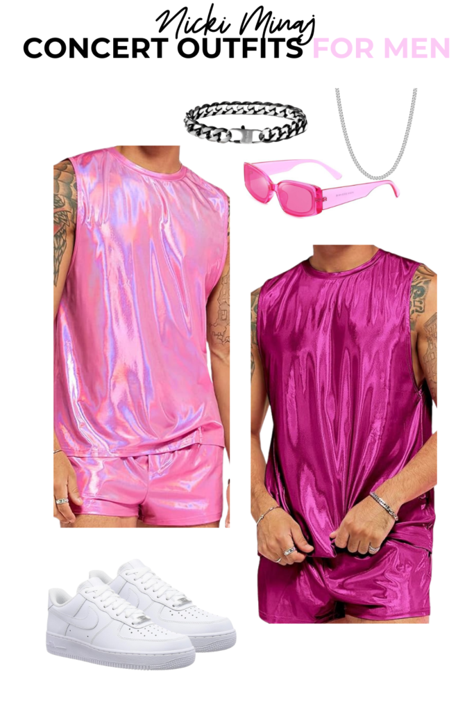 Pink shiny men’s two piece short sets. Pink square sunglasses. Silver rope chain