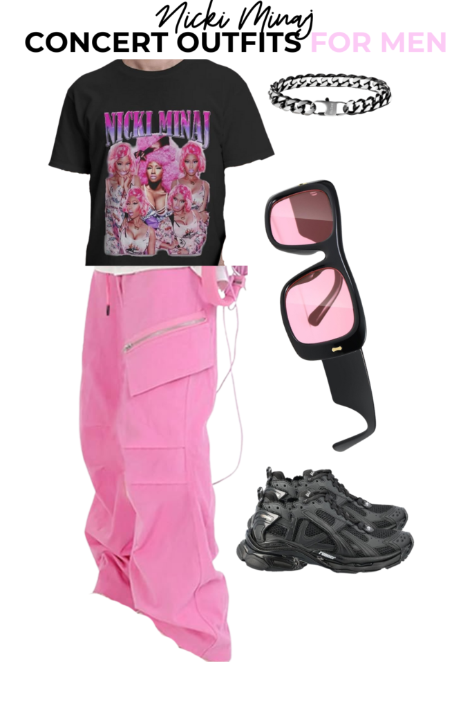 Pink male cargo pants, black belenciaga runners, black sunglasses with pink frames.