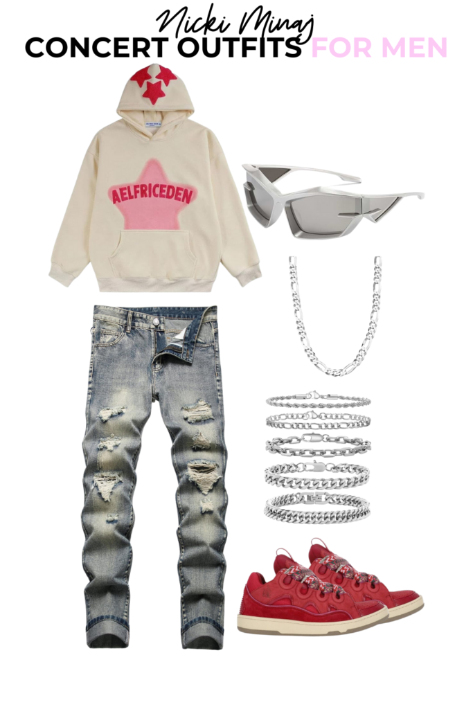 Cream and pink men’s hoodie, silver sunglasses, pink lanvin sneakers.