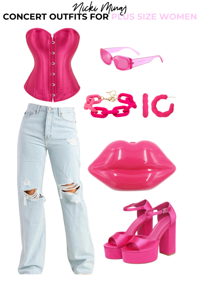 Hot pink corset, light washed jeans with rips in the kneee, hot pink lip purse, platform chunky hot pink heels, pink sunglasses and pink earrings.