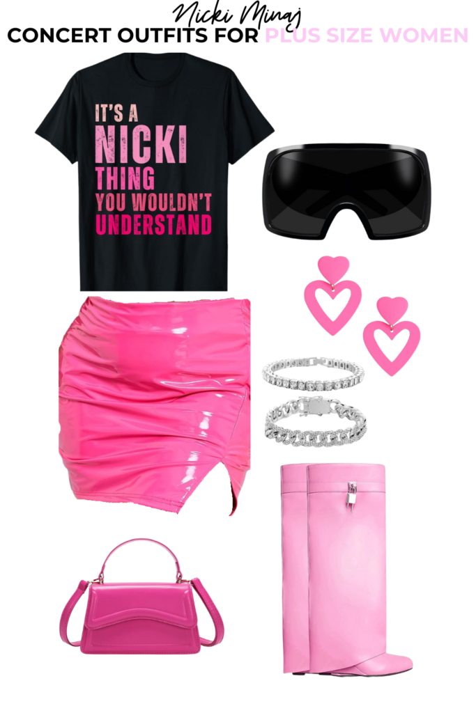 Black T-Shirt that reads It’s a Nicki thing you wouldn’t understand, bubblegum pink skirt, pink shark boots, pink heart earrings, black block shades and hot pink purse with diamond bracelets.