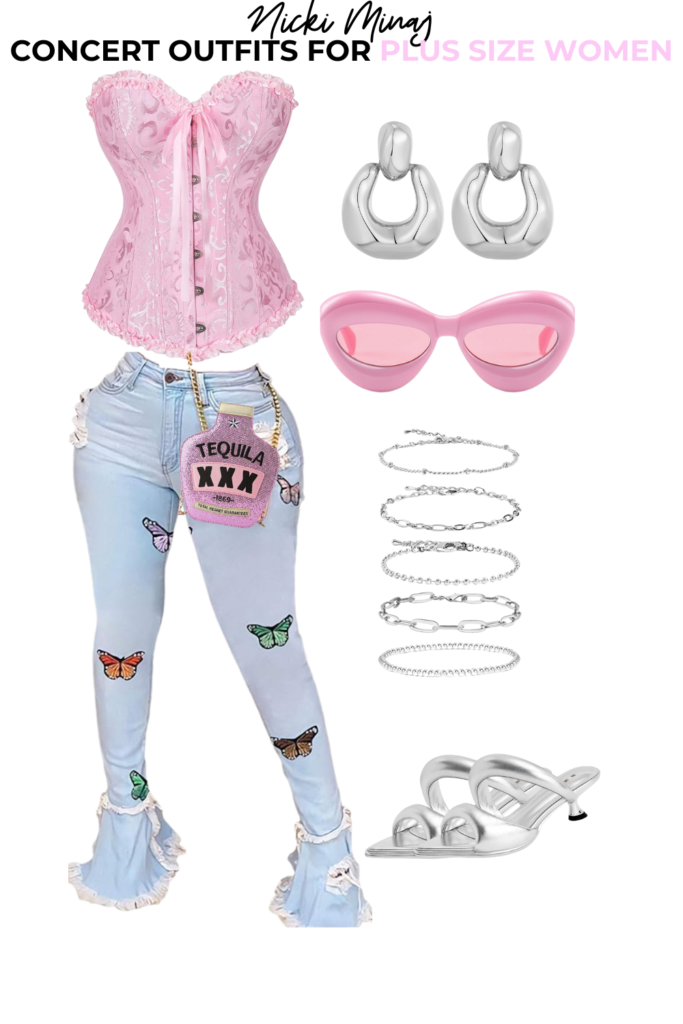 Bubblegum pink corset, blue light washed jeans with butterflies on them, silver bracelets, silver kitten heel, pink sunglasses