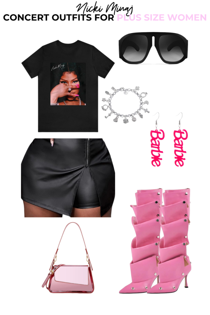 Black Tshirt with Nicki Minaj face on it, black leather skirt, pink Barbie earrings.