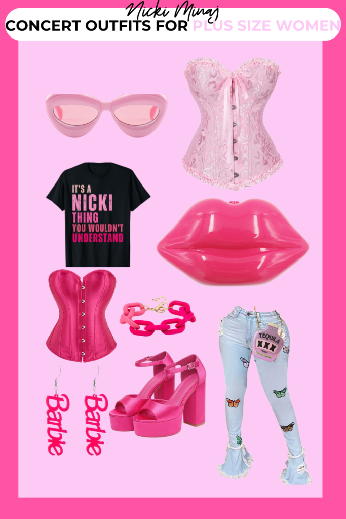 Pink border with different pink clothing items such as pants, sunglasses, purses, and shoes.