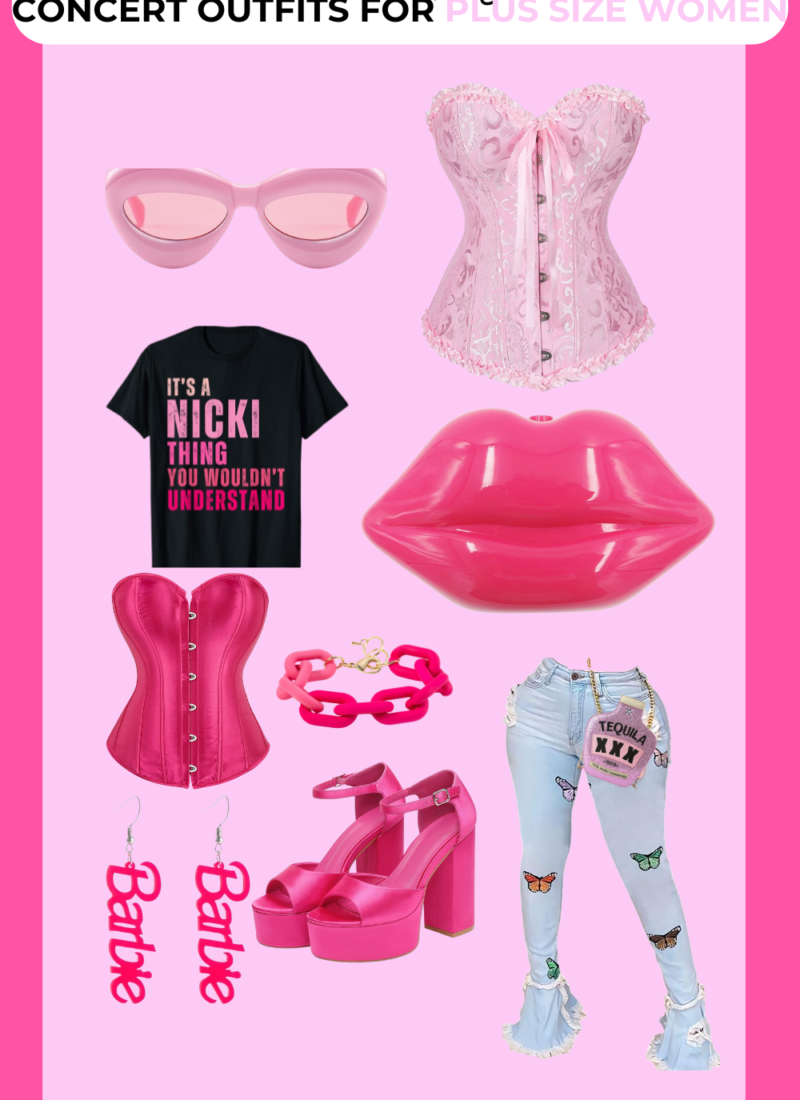 Pink border with different pink clothing items such as pants, sunglasses, purses, and shoes.
