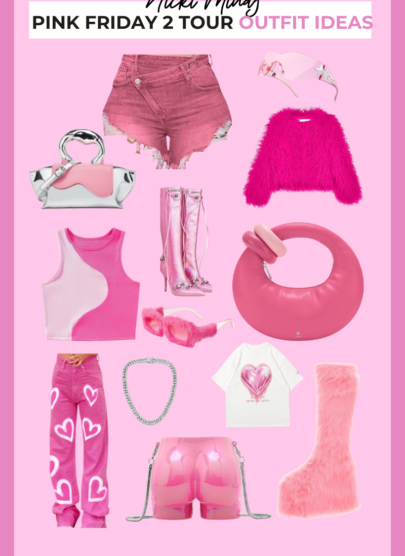 Various images of pink purses, sunglasses, pants, skirts for Nicki Minaj pink Friday 2 world tour outfit inspiration.