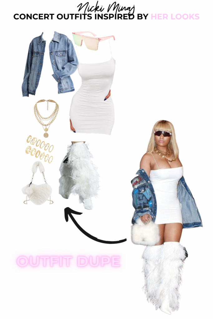 Nicki Minaj in a mini white spaghetti strap dress, balenciaga oversized jean coat, and cringy boots.