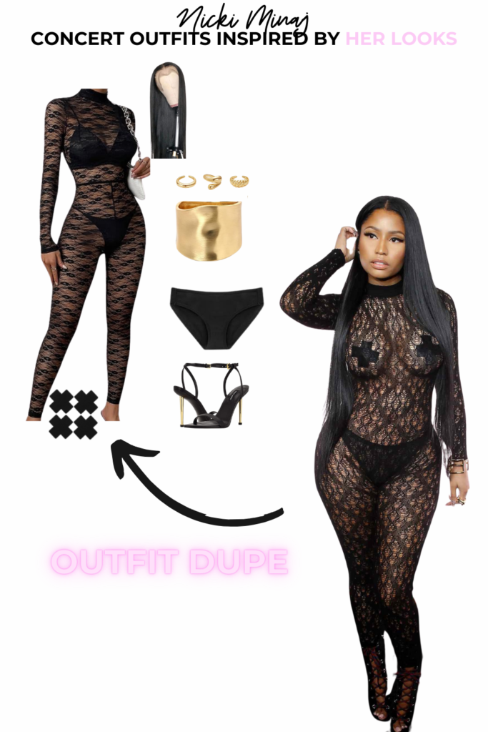 Nicki Minaj in a black see through jumpsuit with black plus sign pasties