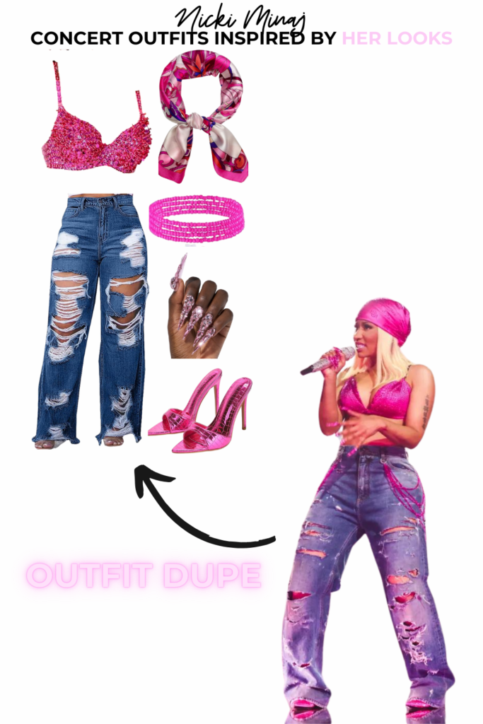 Nicki Minaj during her Pink Friday 2 Tour in a pink crystallized bra, blue jeans, pink pointy toe pumps and a pink silk scarf