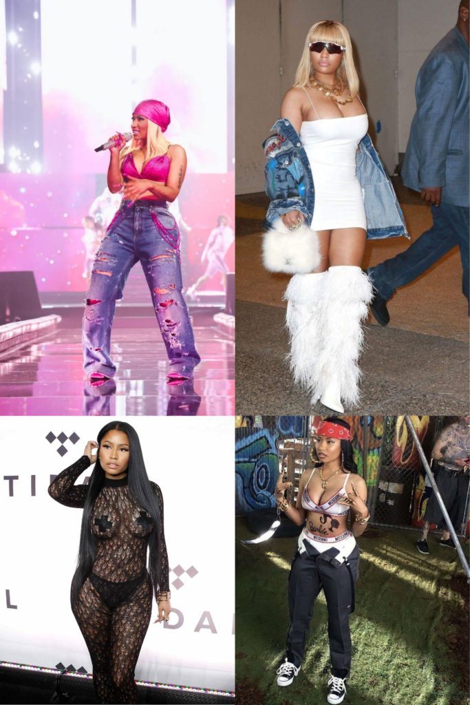 Nicki Minaj in various iconic outfits.